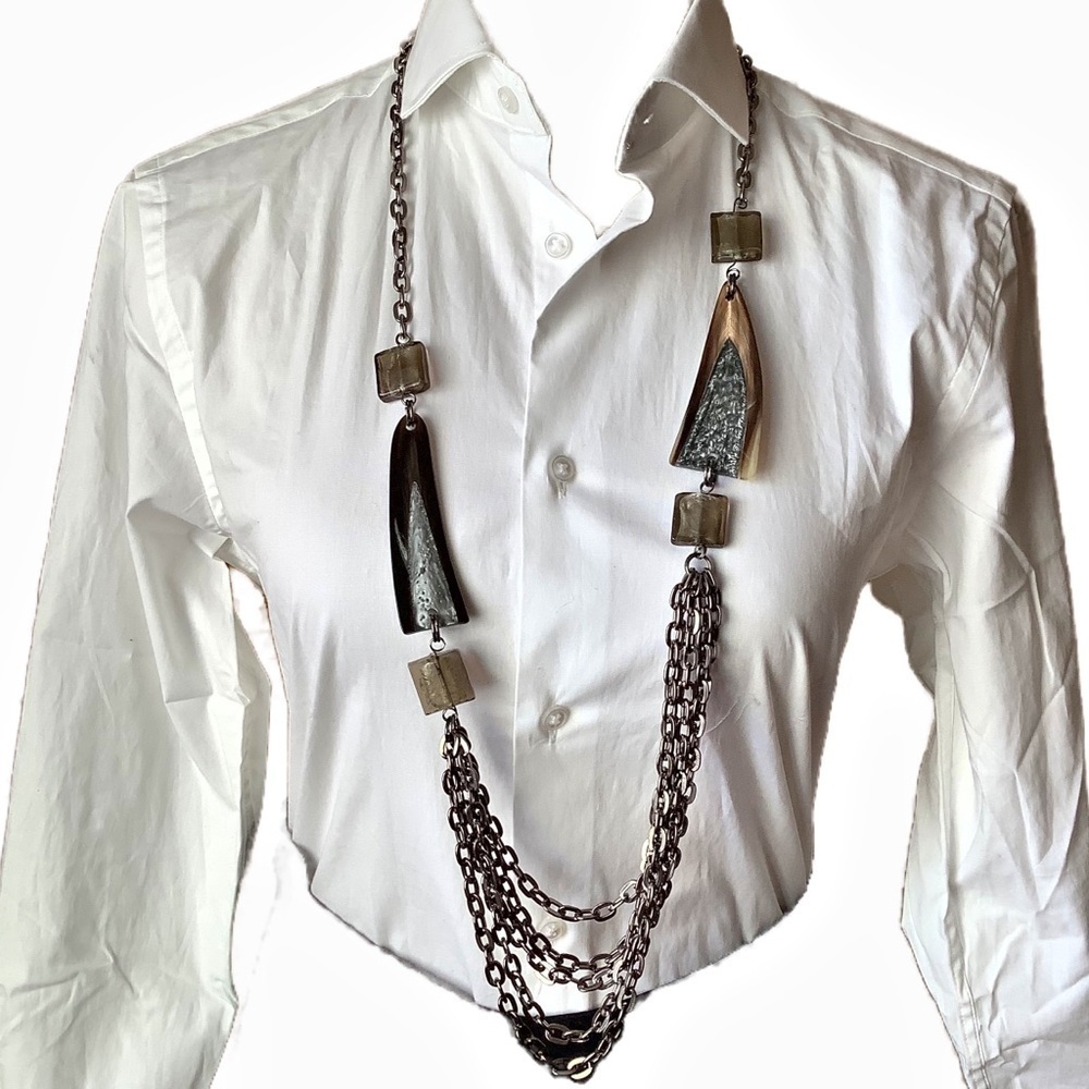Edgy Chunky Multi Chain Tribal Statement Necklace Pewter Silver Black